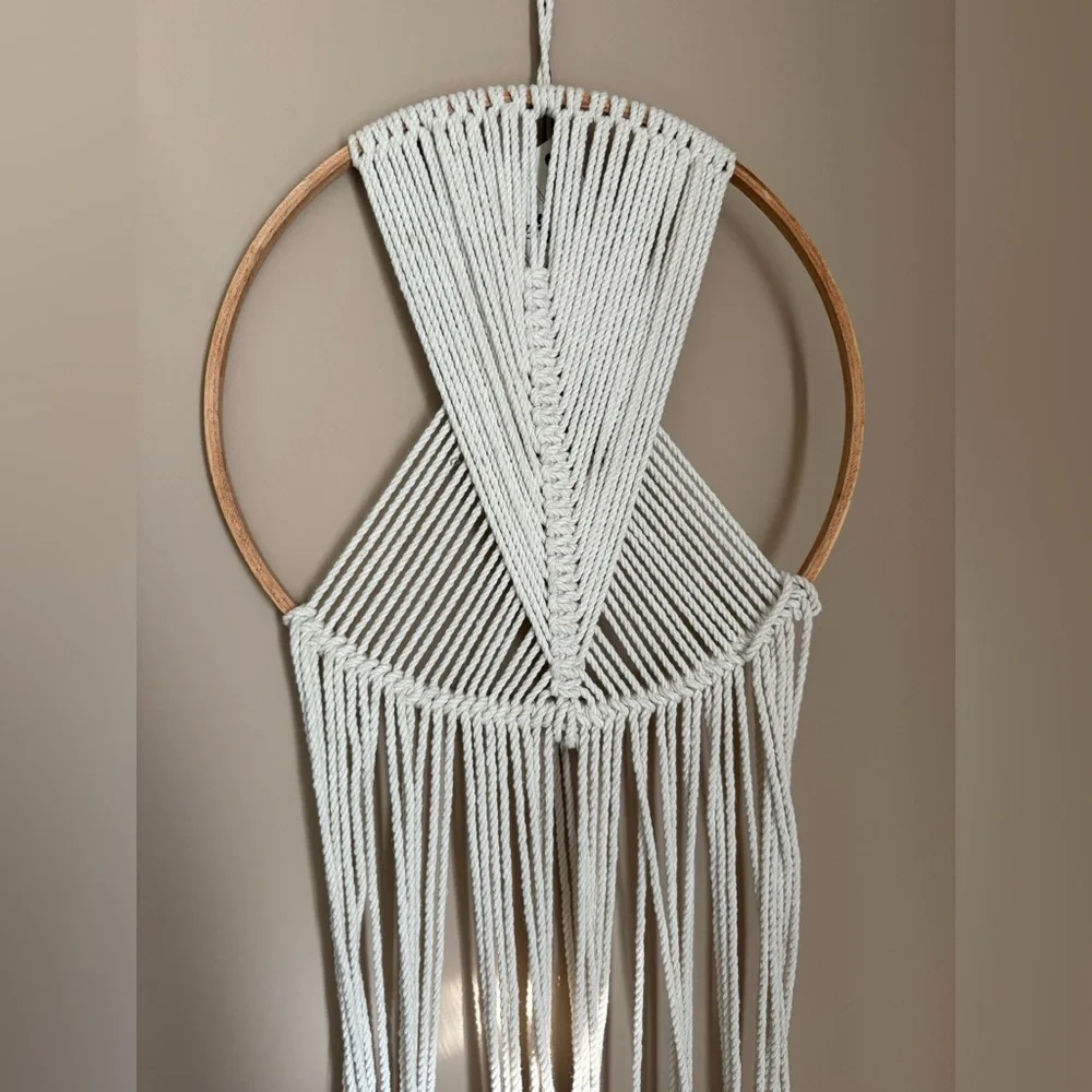 Boho Macramé Wall Hanging in Cream with Wooden Hoop Decor Macrame